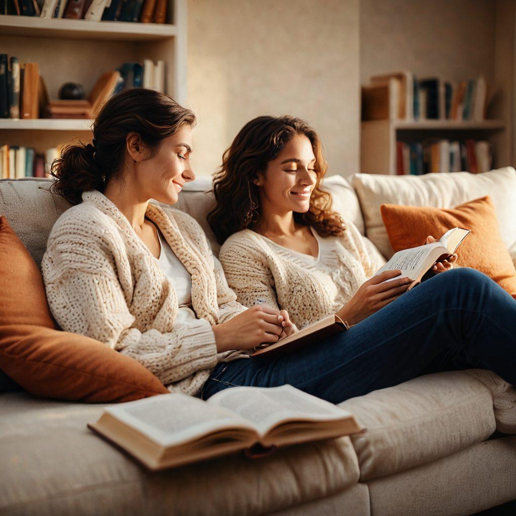 A serene scene of two individuals sitting on a cozy couch, deep in conversation, surrounded by warm lighting and soft textures. In the background, elements symbolizing trust like open books and intertwined hands create a sense of emotional intimacy. Soft, inviting colors and gentle expressions enhance the scene. super-realistic. warm colors. soft focus.