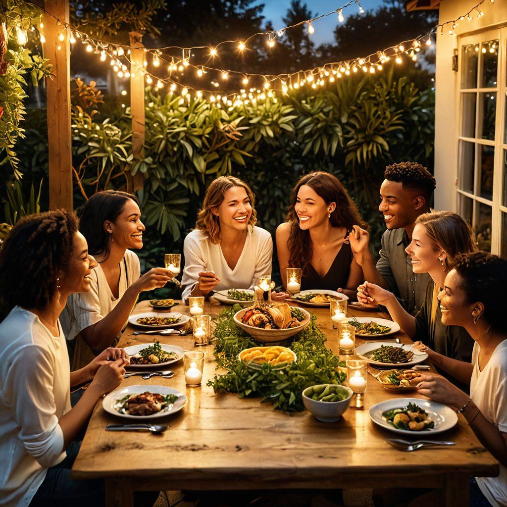 A warm and cozy scene depicting a diverse group of friends sharing a meal together, laughter filling the air, surrounded by glowing fairy lights and natural greenery. In the background, a beautiful sunset casts a golden hue on their happy faces, symbolizing connection and unity. Various dishes from different cultures should be visible on the table, representing the richness of partnerships.  super-realistic. warm hues. soft focus.