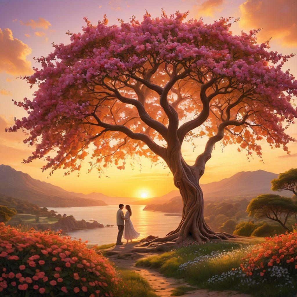 A serene landscape featuring two intertwined trees representing love, adorned with colorful blossoms symbolizing flourishing relationships. In the foreground, a golden sunset casts warm light on a couple holding hands, gazing into each other's eyes, surrounded by soft petals gently falling around them. The scene encapsulates passion and togetherness. super-realistic. vibrant colors. soft focus.